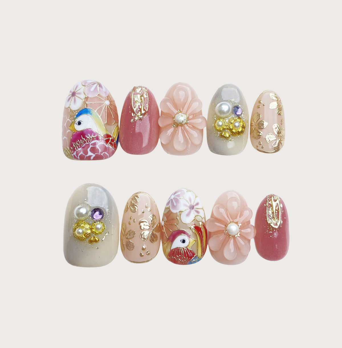 Bird of Blush - Handmade Press on Nails by Clawcreature - Handmade Press - on Nails
