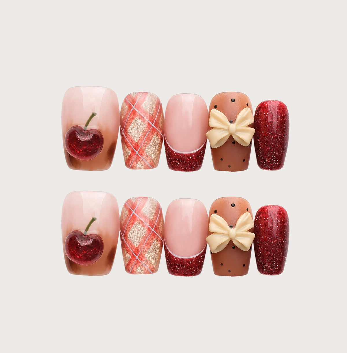 Cherry Picnic - Handmade Press on Nails by Clawcreature - Handmade Press - on Nails