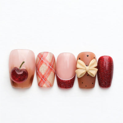 Cherry Picnic - Handmade Press on Nails by Clawcreature - Handmade Press - on Nails