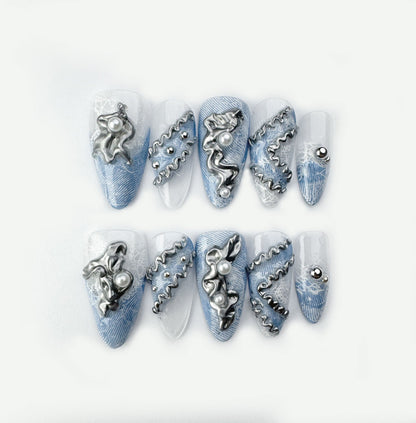 Denim Time - Handmade Press on Nails by Clawcreature - Handmade Press - on Nails