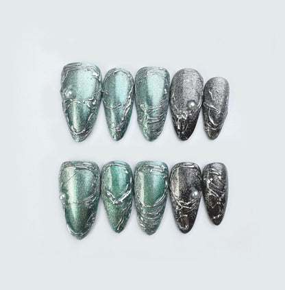 Emerald Abyss - Handmade Press on Nails by Clawcreature - Handmade Press - on Nails