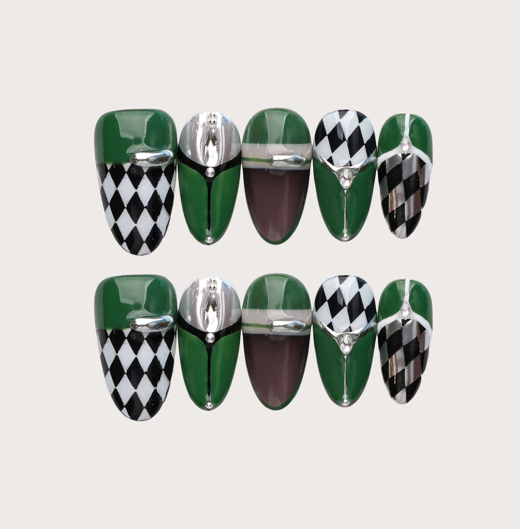 Green Masquerade - Handmade Press on Nails by Clawcreature - Handmade Press - on Nails