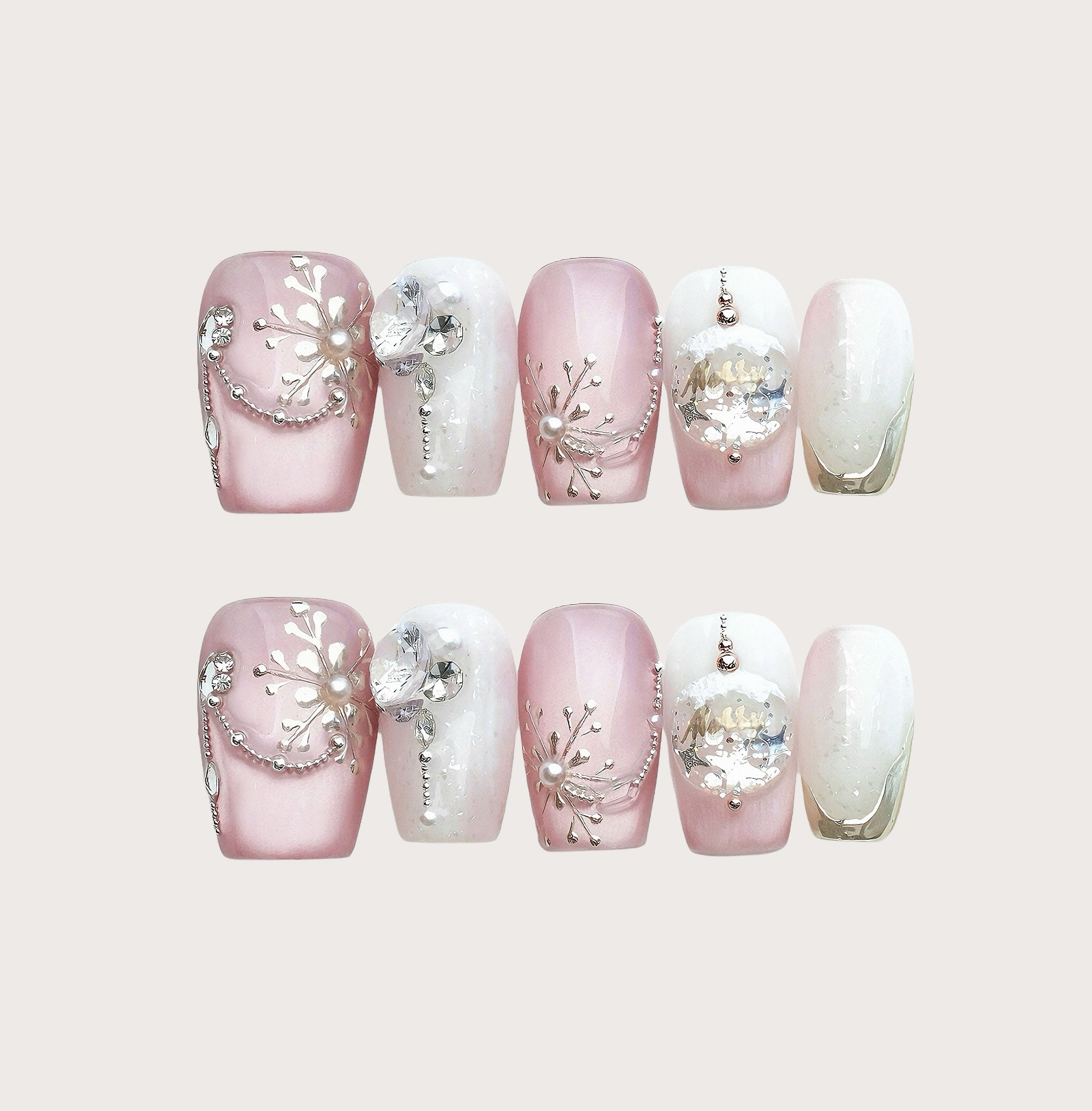 Pink Noel - Handmade Press on Nails by Clawcreature - Handmade Press - on Nails